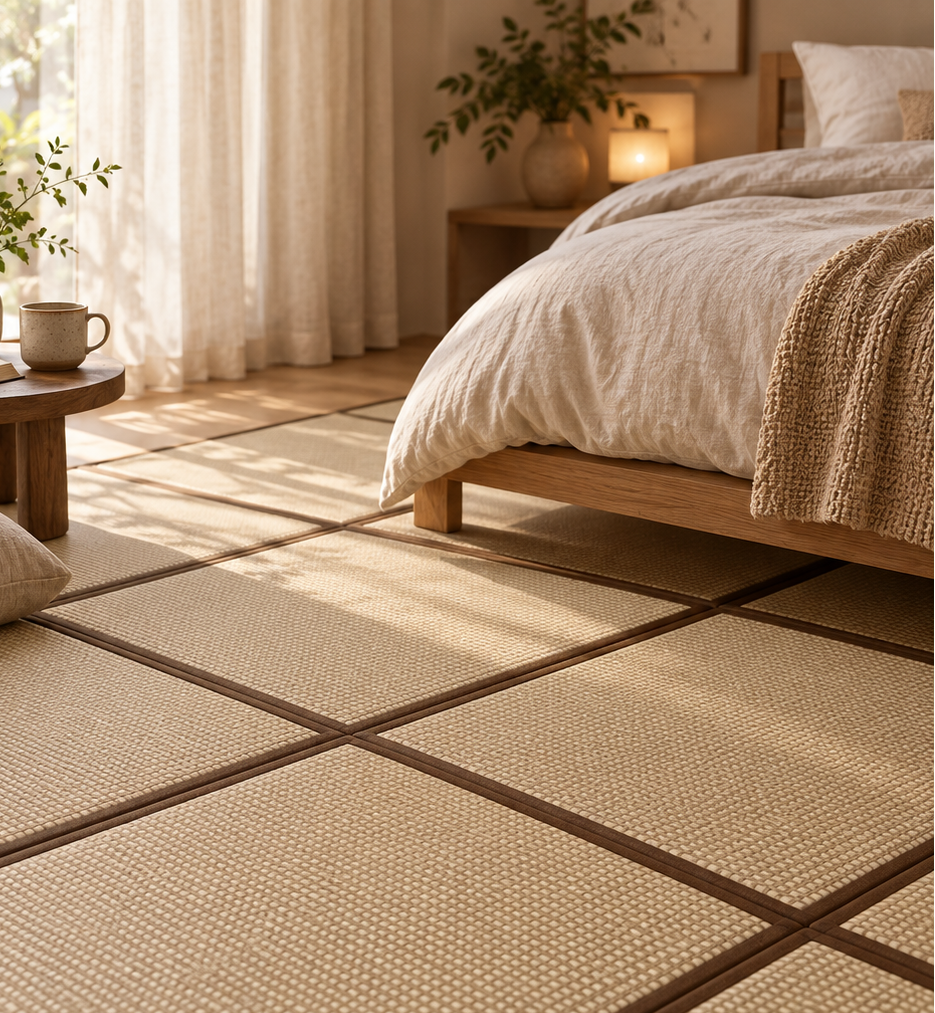 Tatami en dalle dans une chambre au pied du lit
