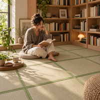 Coin détente sur tatami en rotin avec coussin de sol