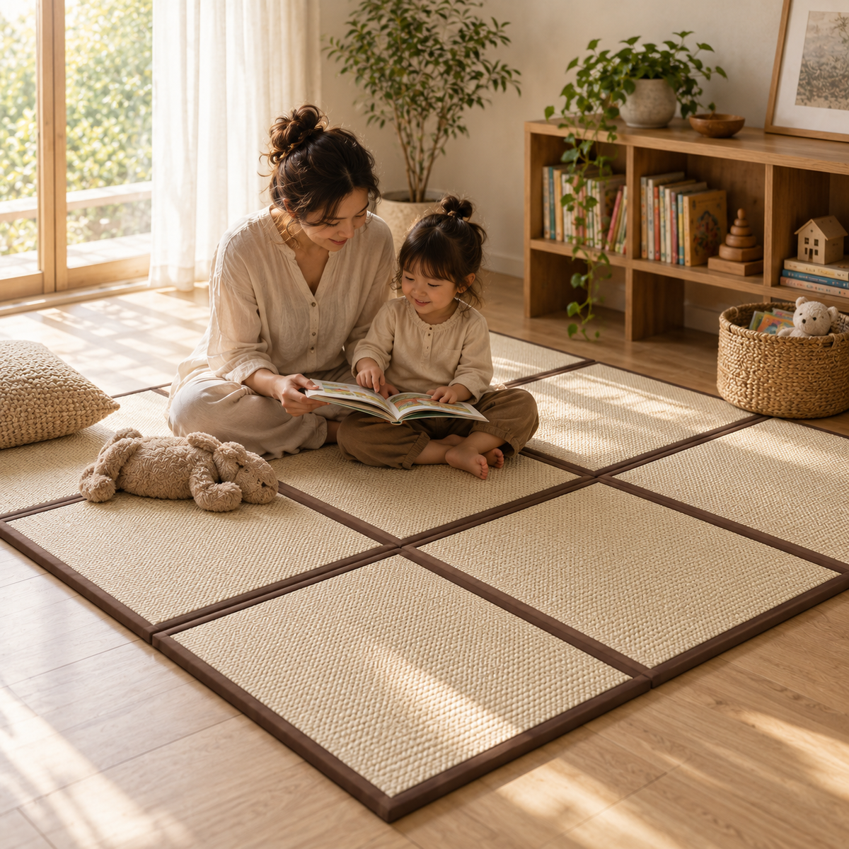 Tatami en dalle dans une chambre au pied du lit