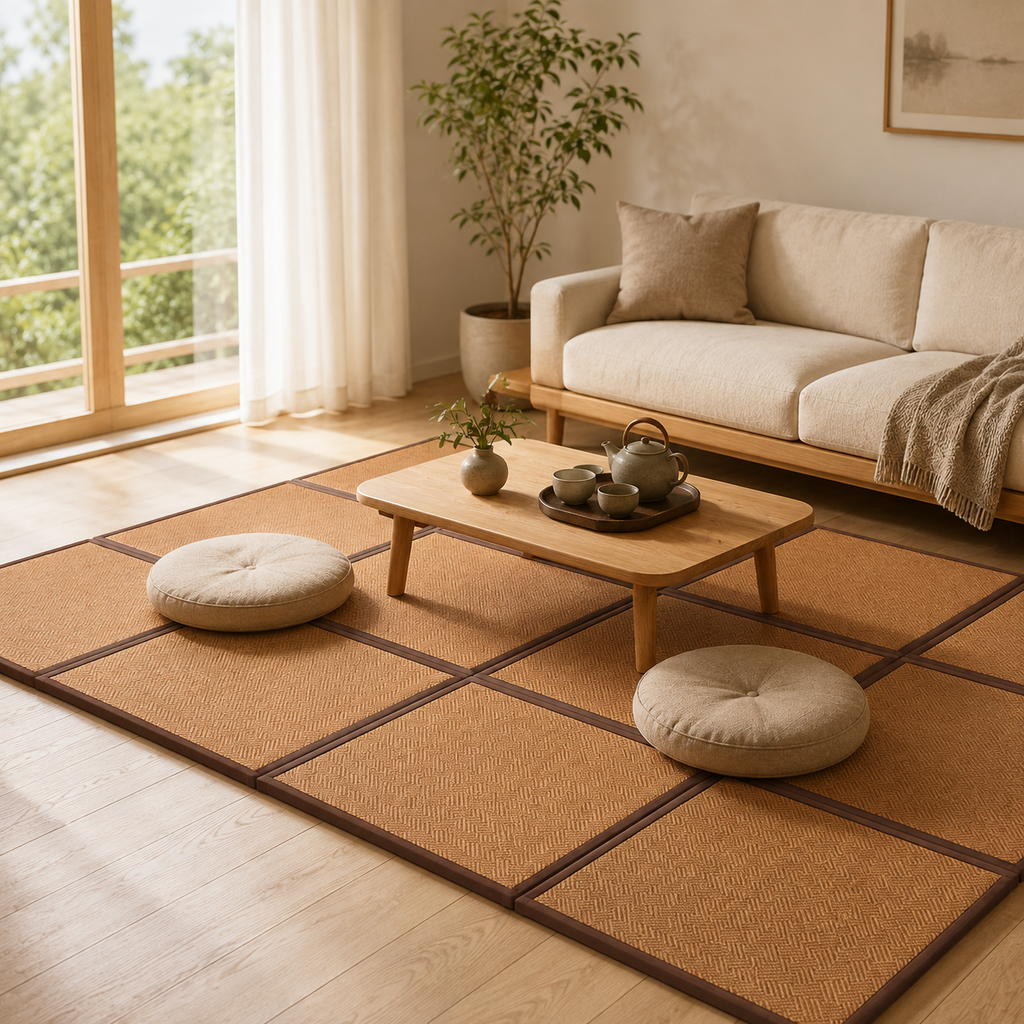 Tapis tatami en dalle dans un salon japandi avec table basse