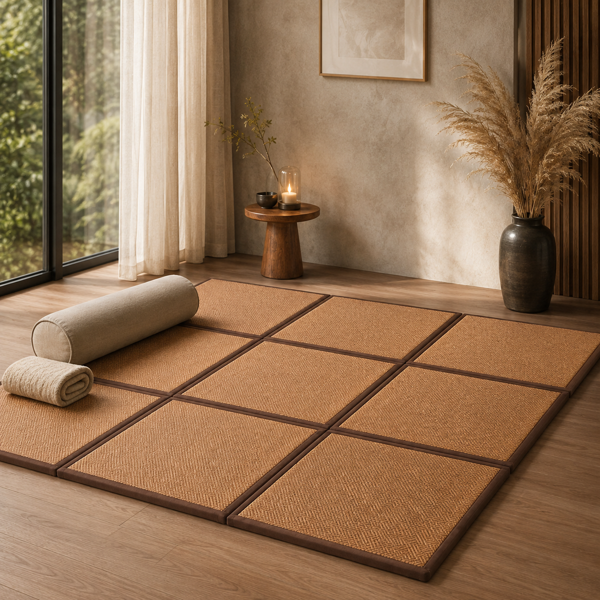 Tatami modulable dans un salon, coin lecture en famille